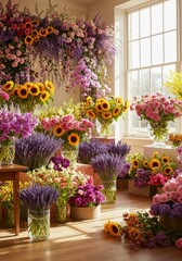Fototapeta premium Sunlit Room Filled with Vibrant Floral Arrangements