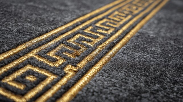 Grey carpet with gold greek key border in close-up