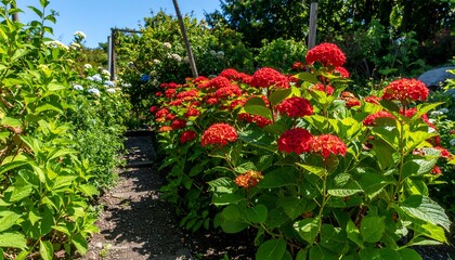 Red hydrangeas bloom in a garden path