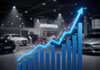 Automotive industry growth chart with blue neon arrow and bar graph