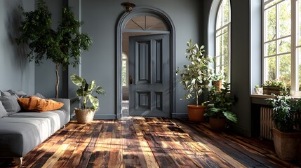 A bright interior reveals plants, sunlight, and a partially open door in a stylish and modern living room.
