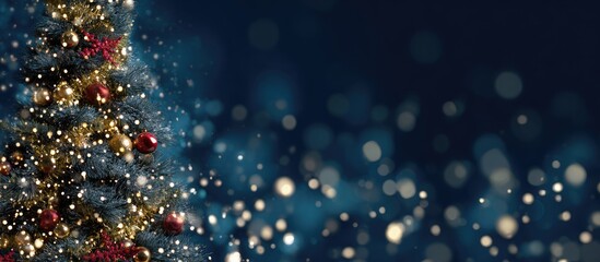 Christmas tree with gold and red ornaments,  illuminated by twinkling lights, against a backdrop of blurred, sparkling bokeh