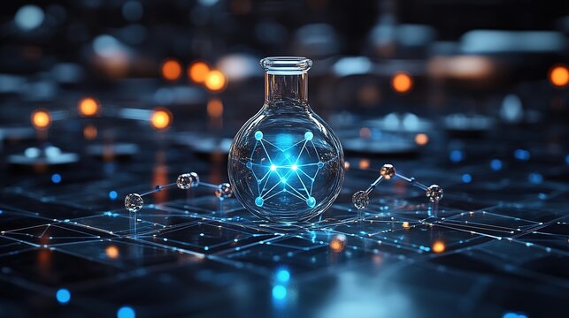 Sci - tech Chemical Experiment Scene: Glowing Molecular Structure in Flask, with Sci - fi Background & Lines, for Scientific Research, Innovation, Future Tech Themed Presentations