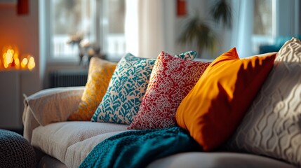 A mockup of a set of decorative pillows on a cozy couch, with vibrant patterns and textures, AI Generative.