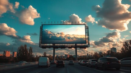A mockup of a billboard displayed on a highway overpass, with cars passing underneath and dramatic clouds in the background, AI Generative.
