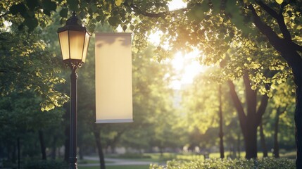 A photorealistic mockup of a vertical street banner hanging from a lamppost in a park, AI Generative.