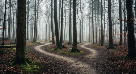 Obraz premium Fork in the path through a misty autumn forest with winding trails