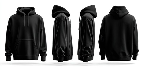 Four views of a black hooded sweatshirt