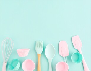 Pastel Baking Utensils Arranged on Blue Background