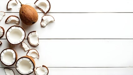 A flat lay food composition featuring halved coconuts with rough brown exteriors and creamy white interiors. The style is clean, organic, and commercial-ready, emphasizing freshness and simplicity.