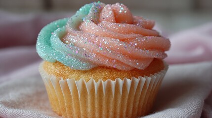 Swirled cupcake with pastel frosting and sprinkles