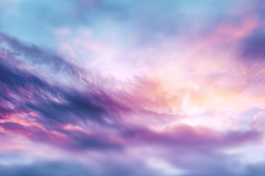 Colorful cloudscape at sunset. Soft pastel hues of pink, purple, blue, and orange blend in the sky - Powered by Adobe