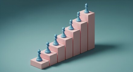 Chess pieces ascend a rising staircase symbolizing progress and strategy