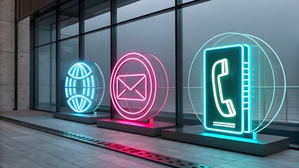 Illuminated icons of communication methods in a modern setting with concrete and glass walls