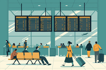A vast airport arrival departures board displays flight information, showcasing destinations, airlines, gate numbers, and wait times.