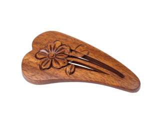 Wooden hair clip featuring floral engraving, smooth finish, and rectangular cutout, perfect for natural hairstyles or eco-friendly accessories collections.