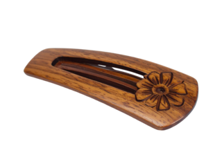 Wooden flower engraved hair clip features smooth polished surface, floral design, lightweight accessory, perfect for natural hairstyles or decorative use.