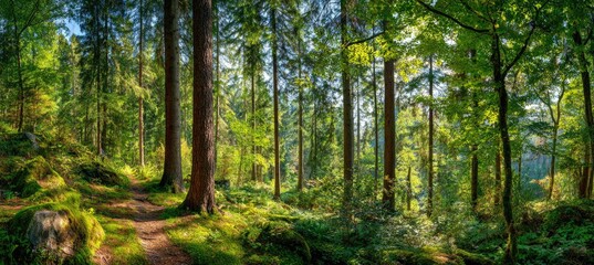 Obraz premium Sunlight filters through a dense forest with towering trees and a well-trodden path winding through the mossy undergrowth