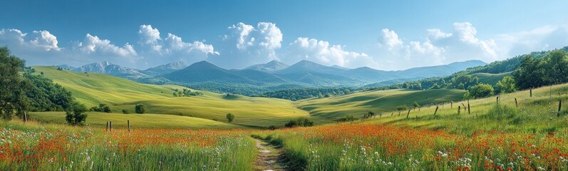 Dirt path through a field of flowers banner