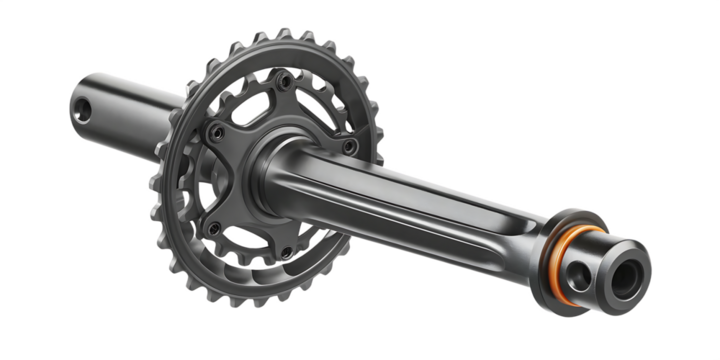 Metallic bicycle crankset with two chainrings isolated on a transparent background