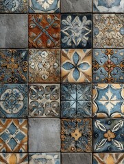 vintage patchwork tiles featuring an ornate worn design with rusty brown and blue hues on a textured stone and cement wall background