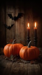 Two pumpkins sit on a rustic wooden table with candles and bats in the background