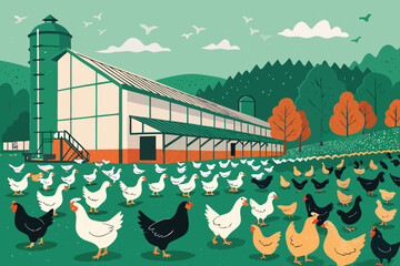 Expansive modern poultry farm housing diverse chicken breeds and ducks in a flat, organized layout.
