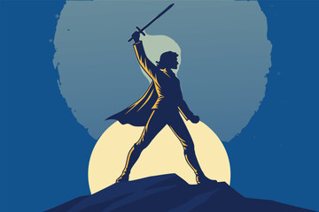 A determined leader, sword raised high, igniting a revolutionary fire, flat graphic style.