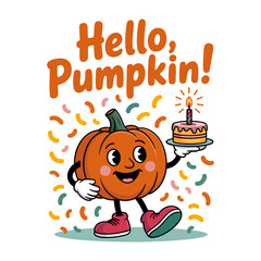 Hello pumpkin with cake and confetti, joyful birthday scene, autumn party design, seasonal fall greeting card, playful Halloween vector