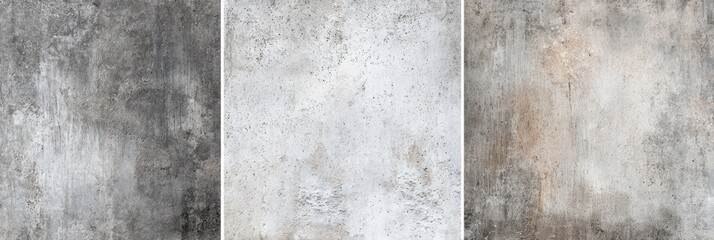 Three panels of textured, mottled gray, concrete-like material