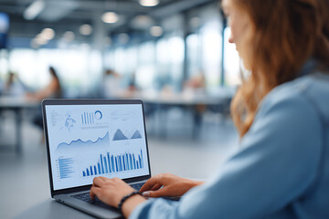 Fototapeta premium Businesswoman analyzing data charts on laptop in office