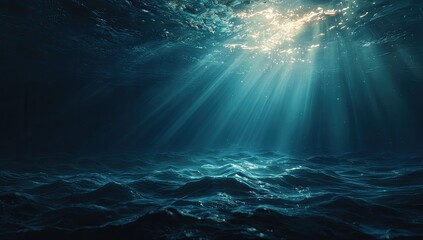 Underwater scene, sunbeams piercing dark ocean depths