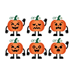 Pumpkin characters collection, six pumpkin heads, various expressions, fun autumn emoji set, Halloween faces clipart, cute vector graphics