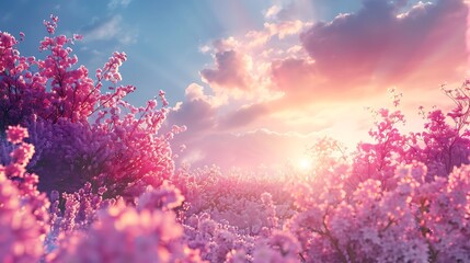Idyllic spring background with blossoming lilac bushes flowers and pink wildflowers on meadow. Pink morning clouds on blue sky over delicate flowering spring meadow, space for text