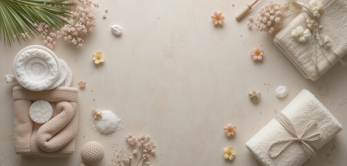 Towels and Bath Essentials on Soft Background Spa Flat Lay