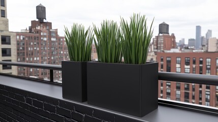 A black metal railing with two black planters holding green plants.