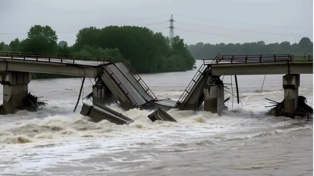 Collapsed bridge over raging floodwaters depicts devastating infrastructure damage and natural disaster impact.
