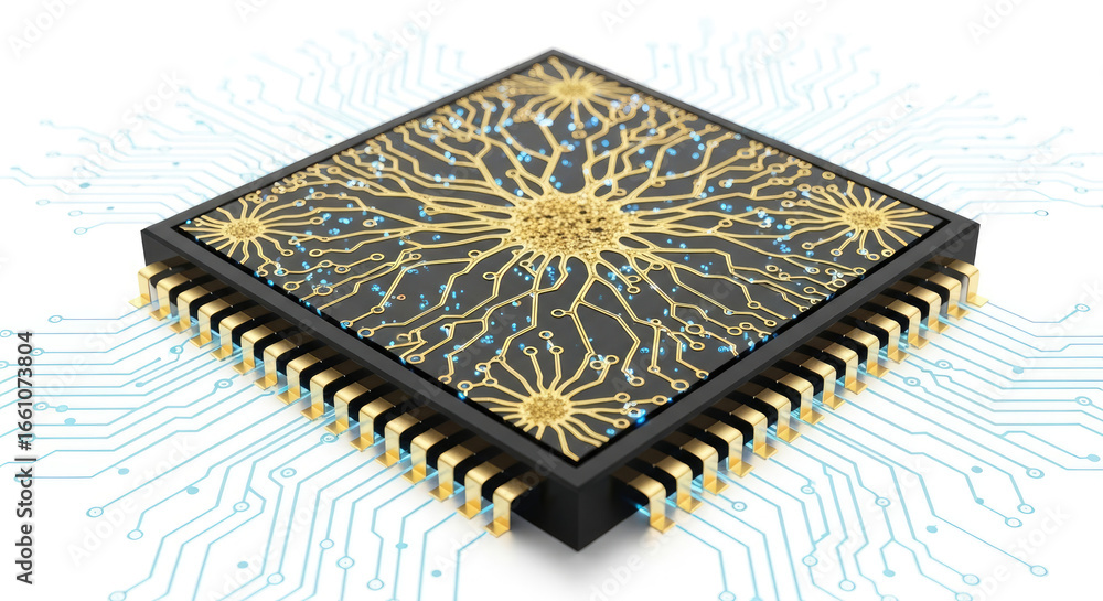 Poster close up of a square microchip with gold circuitry and pins on a white background
