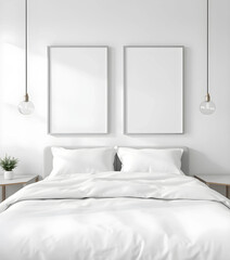 A minimalist white bed with crisp bedding, two ISO A poster mockups in slim aluminum frames above, styled with glass pendant lights.