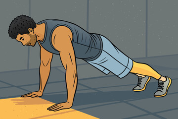 Muscular man performing push-ups on a gym floor with a flat, bold color palette.