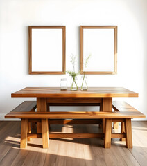  A rustic farmhouse dining table with bench seating, two ISO A poster mockups in distressed wood frames above, styled with mason jar vases.