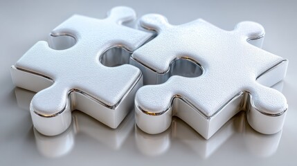 Two white puzzle pieces interlock, reflecting light on a grey surface
