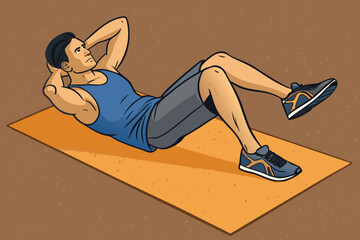 Man performing sit-ups on a gym mat, depicted with flat, bold colors, emphasizing graphic style.