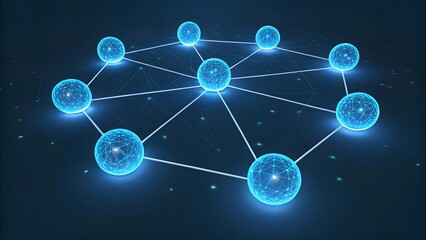 Blue glowing spheres connected by lines forming a network on a dark blue background design illustration