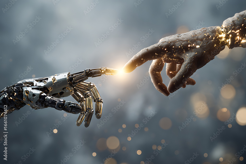 Aufkleber robot and human hands touching, creating a spark of innovation
