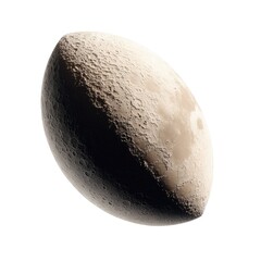 A three-dimensional rendering of a cratered celestial body, half-lit, against a white background