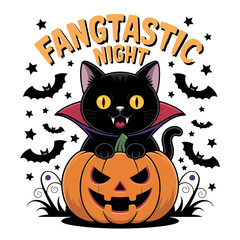 Fangtastic night cat in vampire cape on jack o lantern, white background, Halloween vector