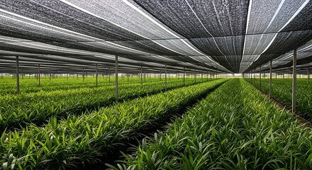 Rows of vibrant green plants thriving under a vast, protective shade net, symbolizing the meticulous control and sustainable innovation of modern agriculture.