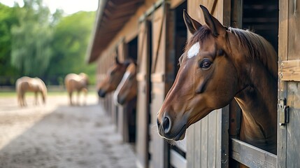 Fototapeta premium Inside the bright and clean stables of an equestrian farm with horses poking their heads out of the stalls.