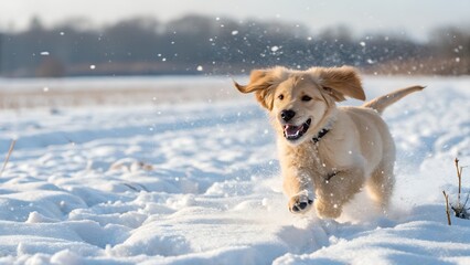 A close-up shot captures the pure exhilaration of a golden retriever puppy running directly towards the camera through deep, powdery snow. The puppy's ears are flying back, and its mouth is open in a 